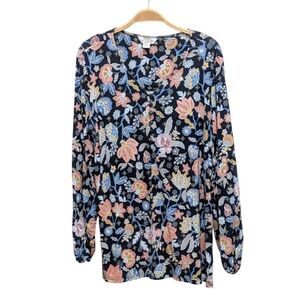 Christopher & Banks Large Navy Blue Floral V Neck Button Blouse
